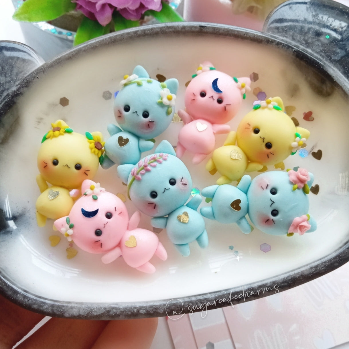 Flower/ Floral Cat charms, handmade, keychains, miniatures