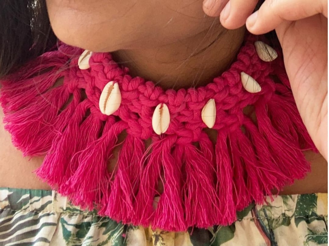 Pink necklace and earrings set, macrame and shell hoops, choker