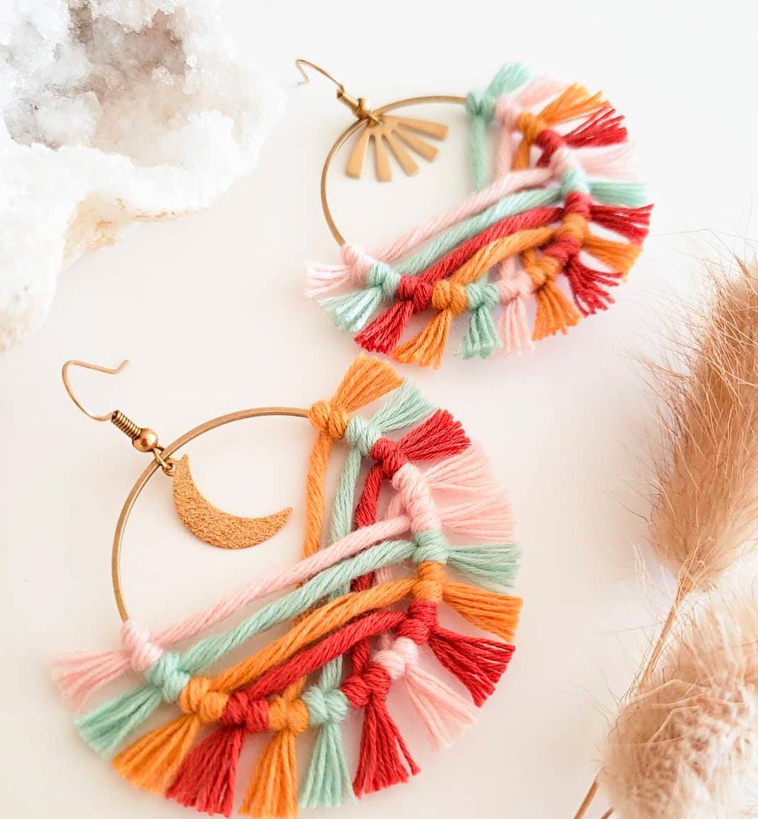 Macrame hoops, earrings, multicolour