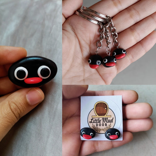 Pingu head broach, earrings, keychain broach, pins, clips, studs, 90s kids